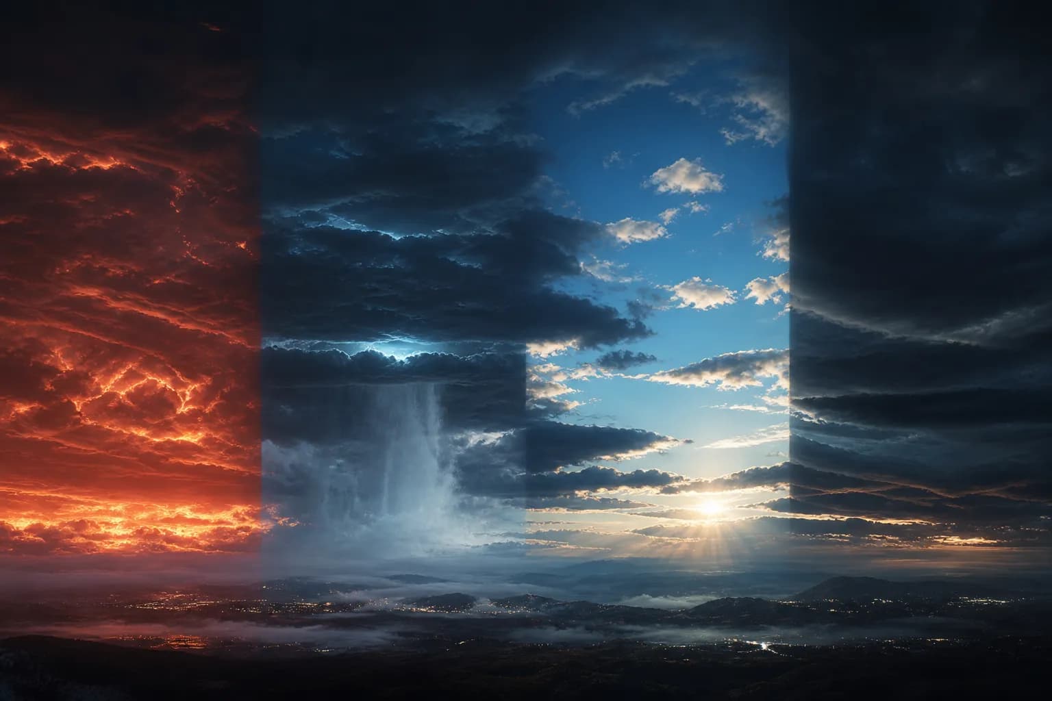 Seasons from first-realm heat, black-cloud plates, and the suns