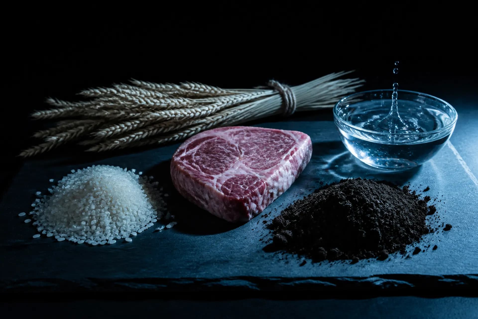 Still life of rice, meat, earth, grain, and water