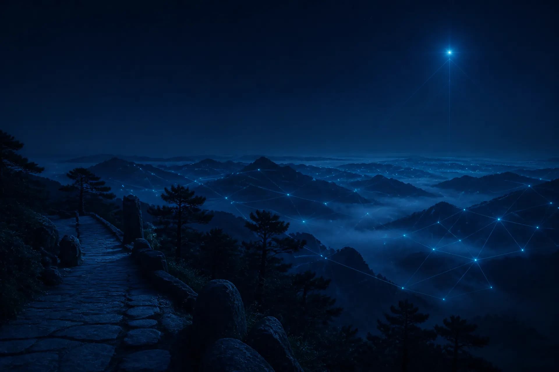 Night garden with a cyan navigation mesh