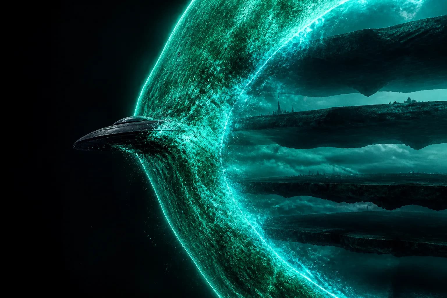Shield duty: a craft pushing into the toxic radiation-mist shell; stacked isles inside, impassable