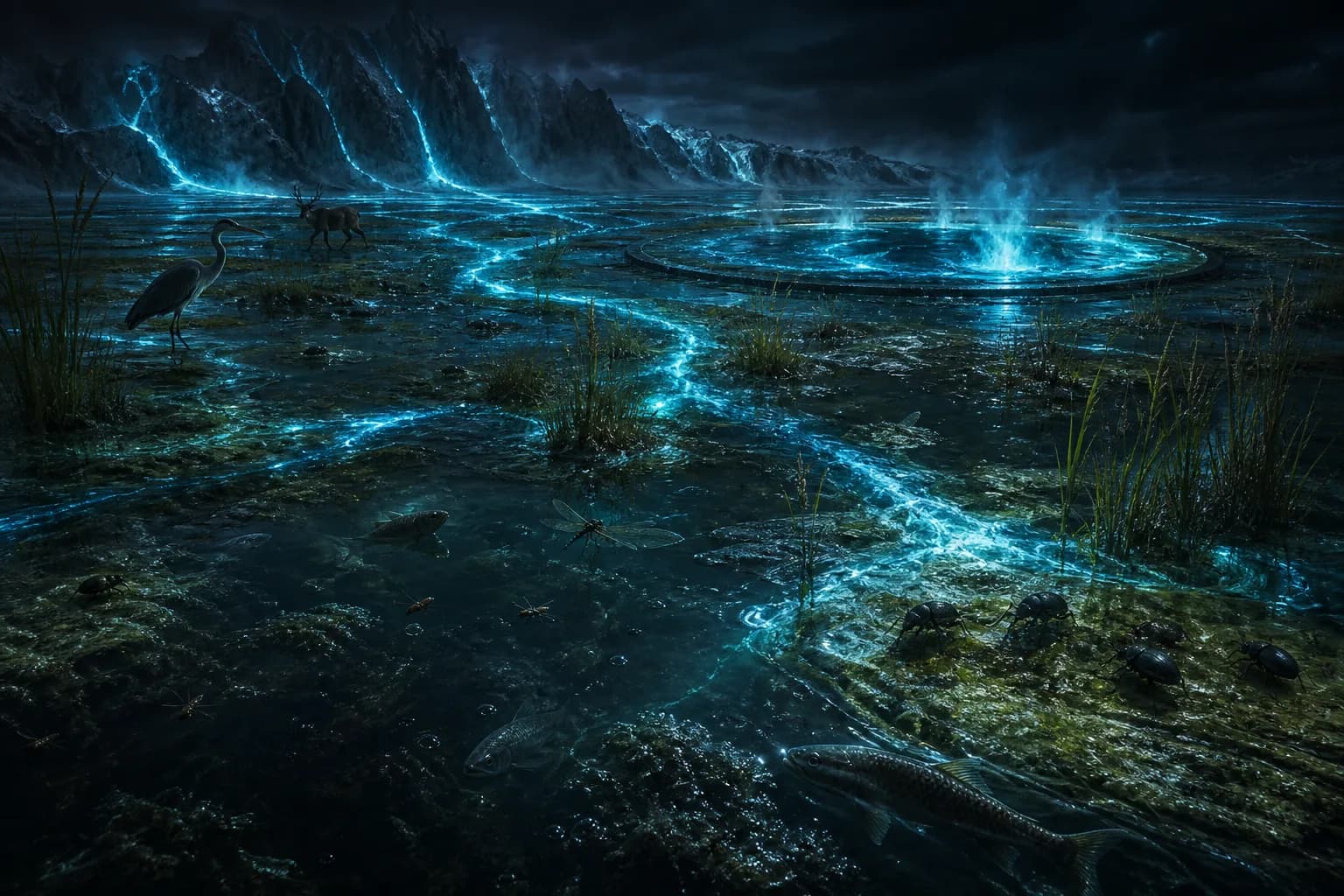 Water–Land duty: plants and animals scavenging a night marsh; blue magnetic water-roads into the cooling pool
