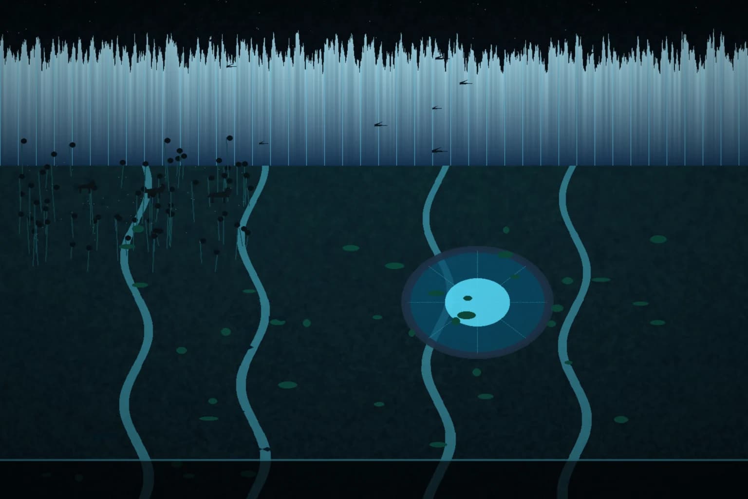 Water–Land Realm: plant and animal scavengers, algae pool, sun cooling basin, ice-mountain magnetic water roads